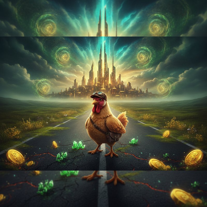 Chicken Road 2 de InOut : une poule portant un casque d'aviateur et une sacoche se tient sur une route fissurée, entourée de pièces d'or et de cristaux verts, avec une ville dorée à l'horizon sous un ciel chargé